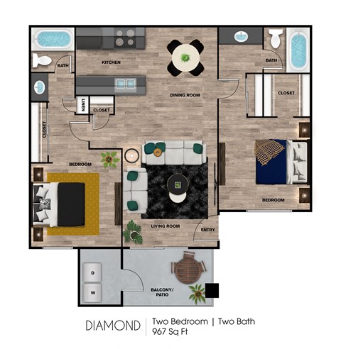 Floor plan for 2 beds, 2 baths, 967 sqft